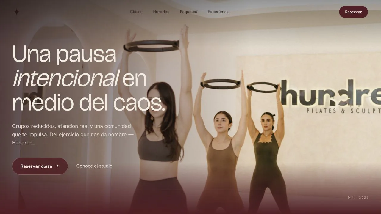 Página principal de Hundred Studio con acceso a clases, horarios y reservas