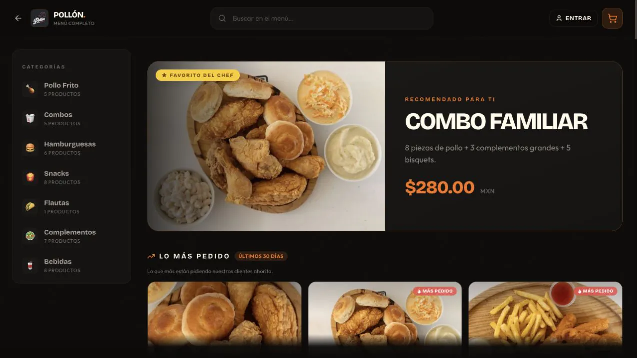 Menú digital de PollonSJR con categorías, búsqueda, productos y carrito