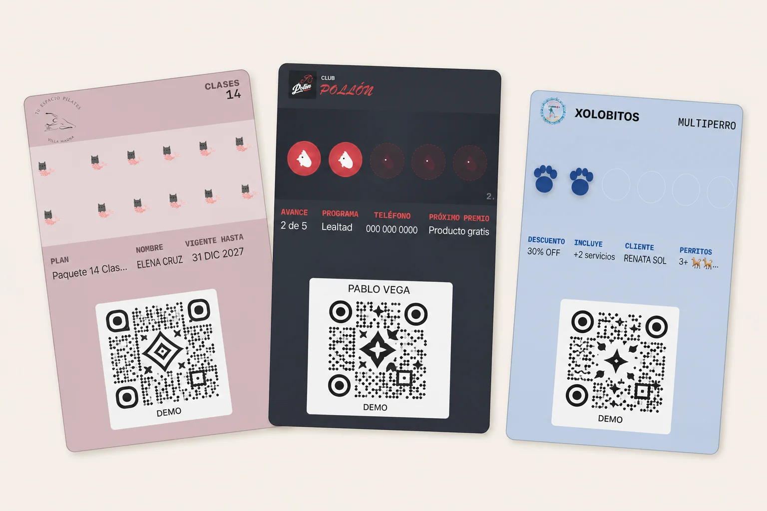 Tres tarjetas de lealtad reales para pilates, un club y servicios para mascotas; los nombres y códigos son de demostración